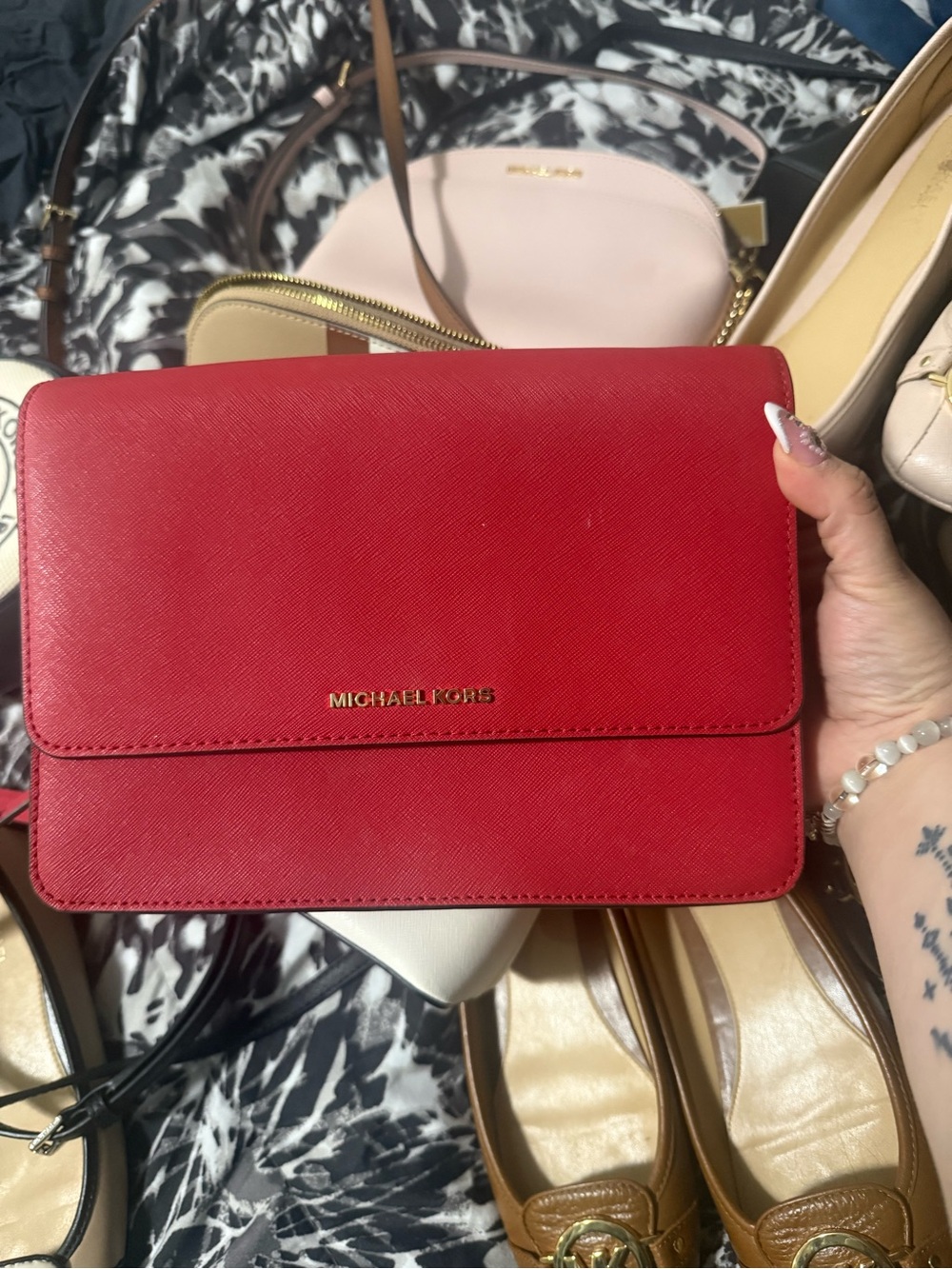 Michael Kors Red Saffiano Crossbody with Gold Logo